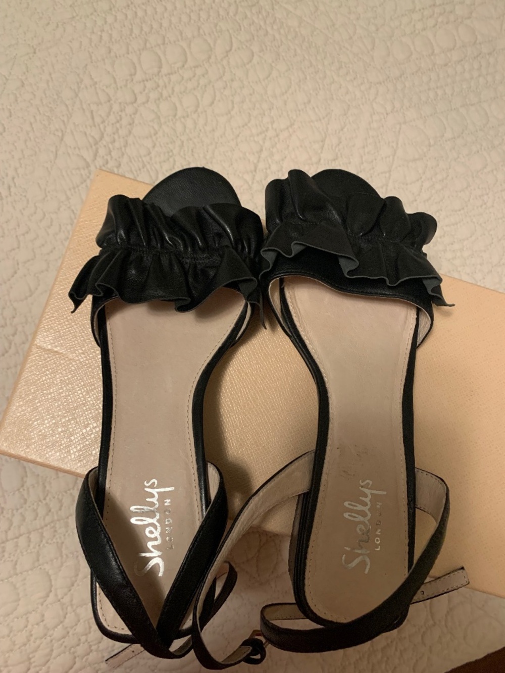 Black low heeled open toe shoes